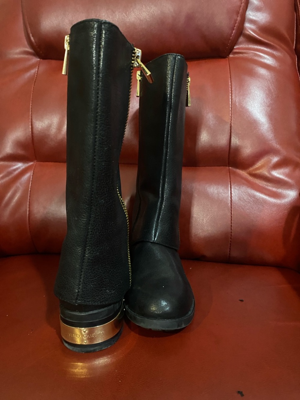 VINCE CAMUTO  Black Mid-Calf Women's Leather Boots with Gold Trim